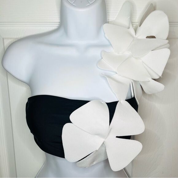Davi & Dani One Shoulder Flower Two Piece Swim Set Black & White Bikini S NWT - Picture 6 of 12